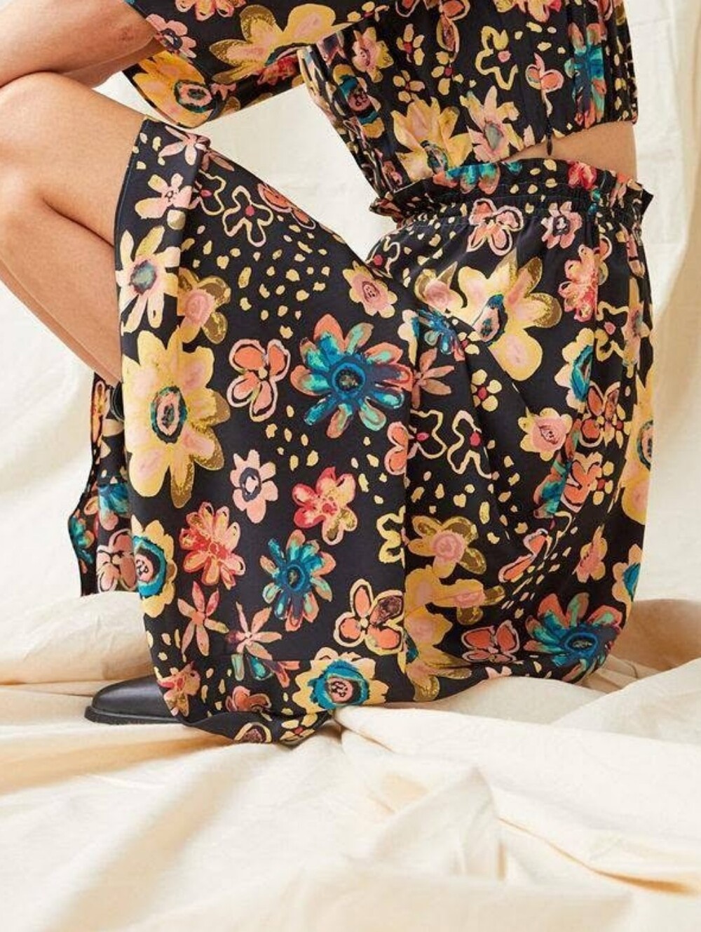Le Fou Wilfred Aritzia Jazz Multi Floral 100% Silk Midi Skirt Elastic Waist